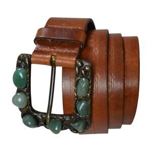 Y2K vintage Express genuine leather brown belt green gemstone buckle size large